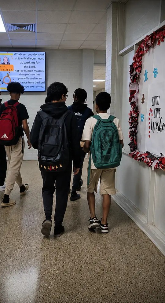 Students walking together down a decorated Mann STEAM Academy hallway.